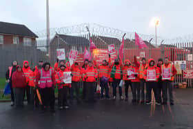 Postal workers at the Royal Mail depot in Craigavon, Co Armagh. Workers are on strike for better pay and conditions.