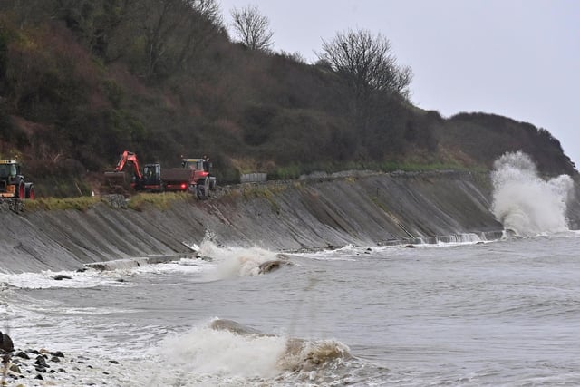 The force of the sea against the Coast Road near Glenarm on Monday.