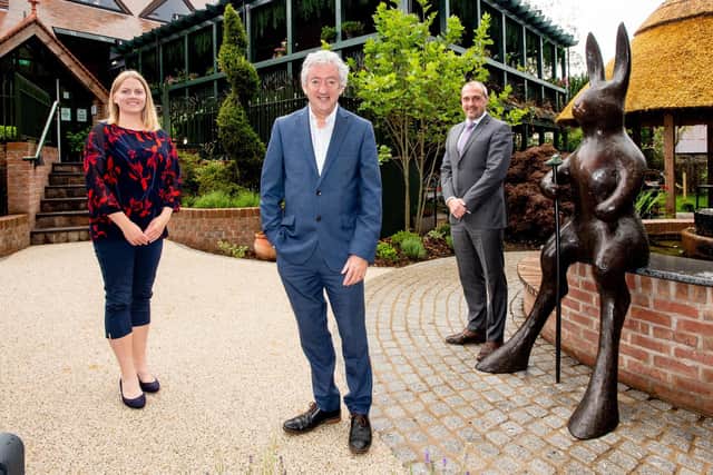 John McGrillen, CEO, Tourism NI and  Emma Stubbs, Economic Development Manager at Antrim and Newtownabbey Borough Council, and Colin Johnston, Galgorm Collection Managing Director at The Rabbit Hotel & Retreat. Picture: Antrim and Newtownabbey Borough Council.