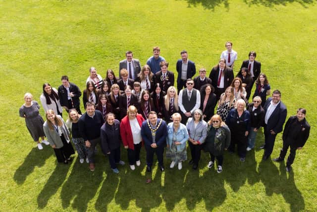 Mayor of Antrim and Newtownabbey Cllr Mark Cooper with Students, Work Plus Team and Employers