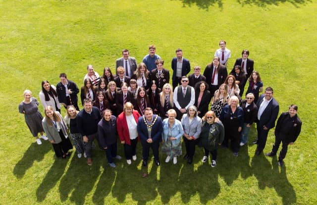 Mayor of Antrim and Newtownabbey Cllr Mark Cooper with Students, Work Plus Team and Employers