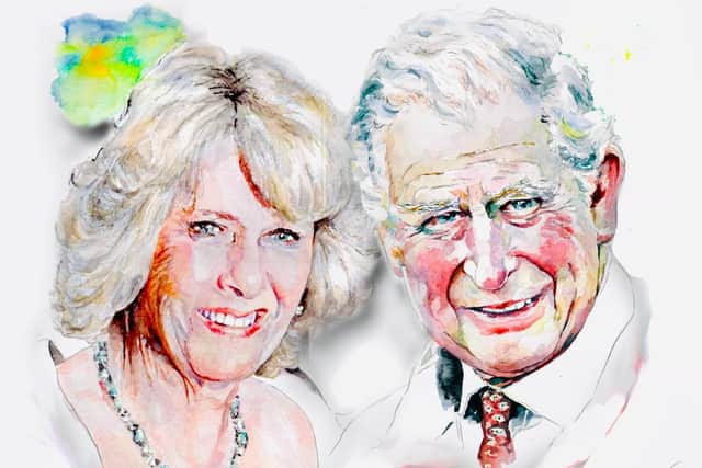 A portrait of King Charles III and his Queen consort Camilla by Portadown artist Billy Austin.