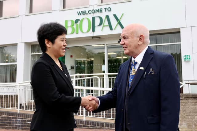 Madam Li Li, Chairman and CEO, Masterwork Group Co. Ltd. is pictured with Dr Terry Cross OBE, Chairman, Biopax Ltd.