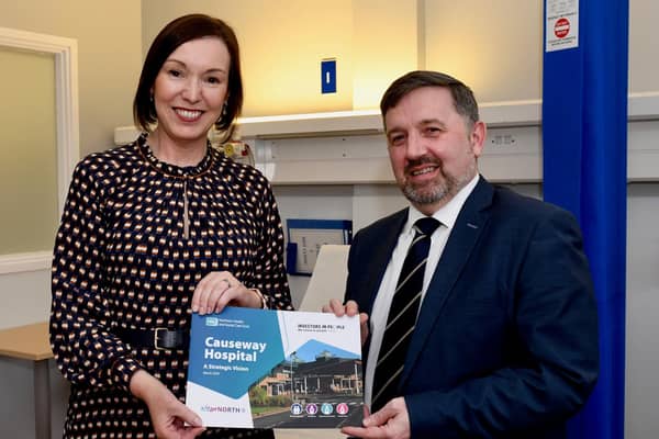 Jennifer Welsh, Chief Executive of the Northern Trust pictured with Health Minister Robin Swann at the newly opened Causeway Hospital Ambulatory Unit. CREDIT NORTHERN TRUST