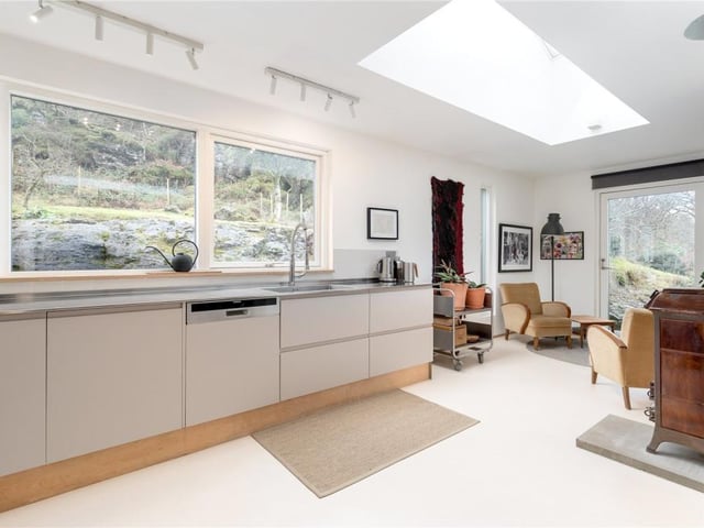 Kitchen with family room to the side.