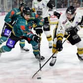 Belfast Giants’ Quinn Preston with Nottingham Panthers’ Tyler Welsh during Friday night’s EIHL game at the SSE Arena, Belfast.   Photo by William Cherry/Presseye  Photo by William Cherry/Presseye
