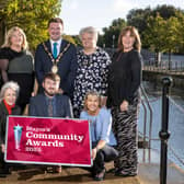 Launching the 2023 Mayor's Community Awards are: (back row l-r) Rhonda O'Neill, Community Support Officer; Angela McCann, Head of Communities; Mayor of Lisburn & Castlereagh City Council, Councillor Scott Carson; Deirdre Russell, Community Development & Resources Manager and Esther Millar, Education Authority. (front row l-r) Jane Gribben, Volunteer Now; Councillor Aaron McIntyre, Leisure & Community Development Chairman and Diane Wilson, Mayor's Secretary.