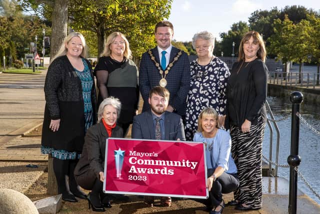 Launching the 2023 Mayor's Community Awards are: (back row l-r) Rhonda O'Neill, Community Support Officer; Angela McCann, Head of Communities; Mayor of Lisburn & Castlereagh City Council, Councillor Scott Carson; Deirdre Russell, Community Development & Resources Manager and Esther Millar, Education Authority. (front row l-r) Jane Gribben, Volunteer Now; Councillor Aaron McIntyre, Leisure & Community Development Chairman and Diane Wilson, Mayor's Secretary.