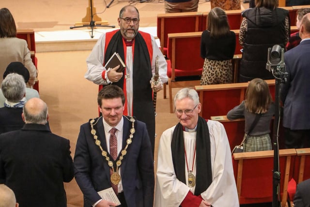 The Recessional, Cllr Scott Carson Mayor of Lisburn & Castlereagh, Dean Sam Wright Dean of Connor, Rt Rev George Davidson Bishop of Connor. Pic by Norman Briggs, rnbphotographyni