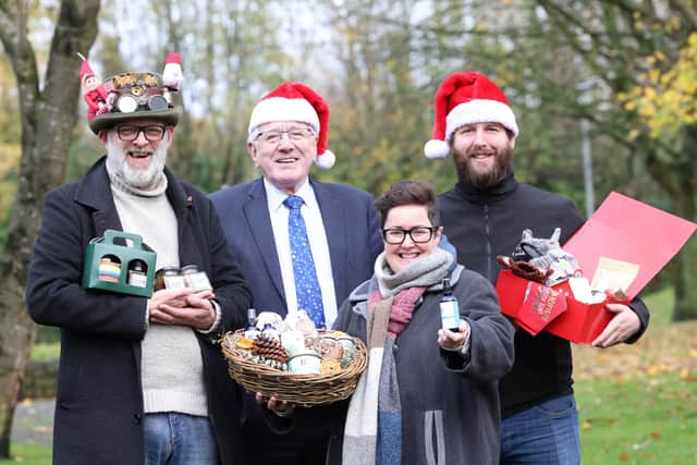 Pictured at the launch of the Carryduff Christmas Market are (l-r) William Clendinning, The Local; Alderman Allan Ewart MBE, Chair of the Lisburn & Castlereagh City Council's Development Committee; Carol Rowney, Mrs R'ganics and Mark McCorry, Barkelicious Bakes.