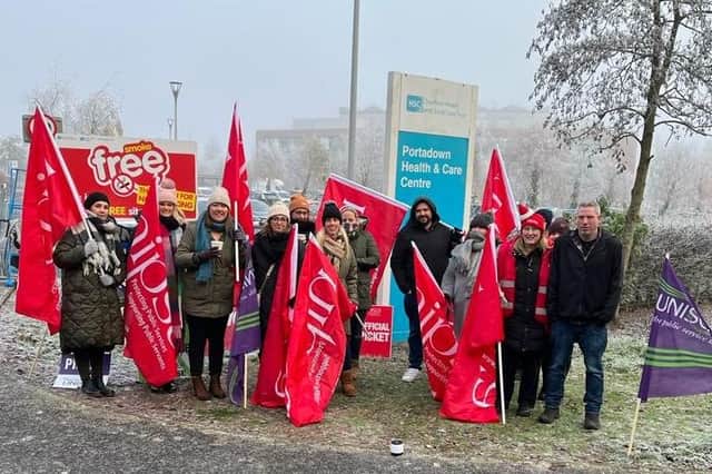 A large turnout at Portadown Health and Care Centre, Co Armagh by health workers on strike over pay.