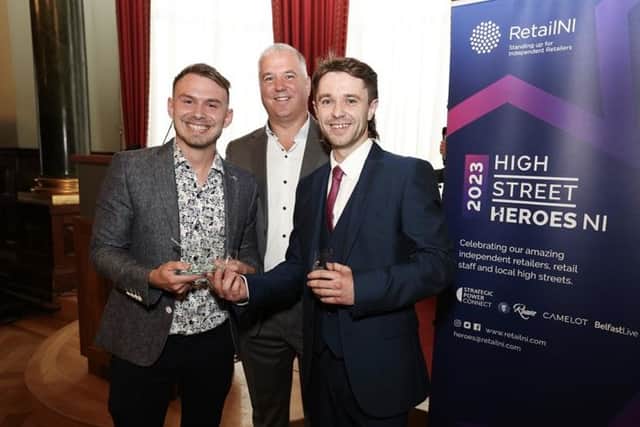 Josh Belshaw and Josh Wells celebrate their Lisburn cafe Chat and Chill being crowned Best Independent Coffee Shop at the recent High Street Heroes Awards. Pic credit: Josh Belshaw and Josh Wells