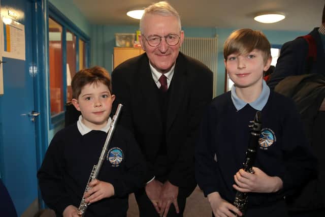 Shadow Secretary of State for Northern Ireland Hilary Benn with pupils from Forge Integrated Primary School. Picture: Declan Roughan
