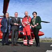 Finance Minister, Conor Murphy are (left-right) Dr Gerard O’Hare CBE DL, Chairman, Air Ambulance NI, Glenn O’Rorke, Operational Lead, HEMS and Kate Beggs NI Director of The National Lottery Community Fund. Picture: Michael Cooper