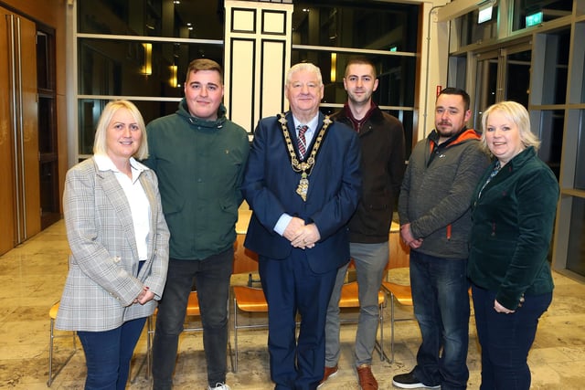 Ryan Hargey, Andrew Wilson and Luke Holmes from Garvagh Cultural Awareness Association  pictured with Cllr Steven Callaghan, Mayor of Causeway Coast and Glens Borough, Alderman Michelle Knight-McQuillan and  Cllr Dawn Huggins at a reception for Bann DEA community representatives.