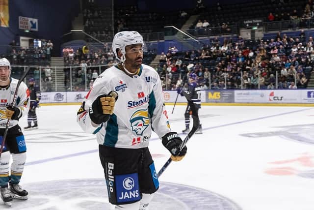 Belfast Giants' Travis Brown celebrates his shorthanded goal against the Glasgow Clan at Braehead last Friday. It was a game that the Giants went on to win 4-2. Picture: Al Goold