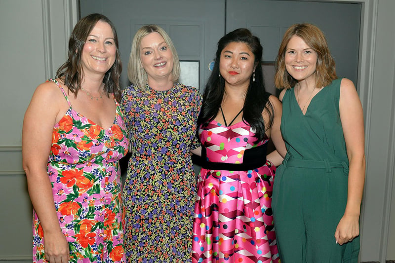 Enjoying the Lurgan College annversary dinner at the Seagoe Hotel on Friday evening are from left, Sarah Duke, Heather McDowell, Mimi Wan and Rachel Briggs. LM25-202.