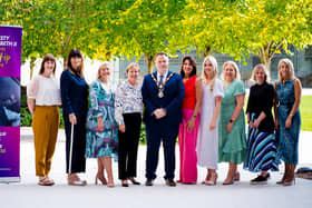 Cllr Mark Cooper BEM, is joined by the council's Chief Executive, Jacqui Dixon MBE and other members of the senior leadership team to launch the Women into Leadership Programme. (Antrim and Newtownabbey Borough Council).