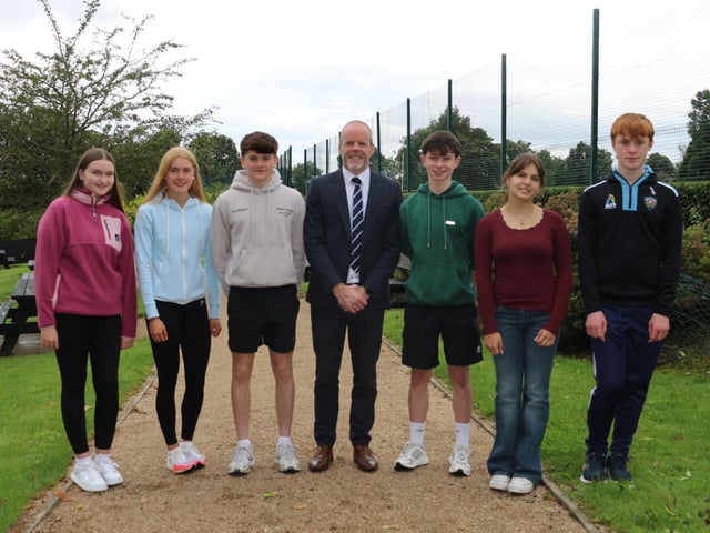 A group of St Mary's Grammar School GCSE students with Principal Mr Paul McClean on results day.