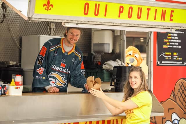 The Stena Line Belfast Giants have announced a brand-new partnership with Belfast-based street food brand, Oui Poutine. As part of the partnership, Oui Poutine will also be the official sponsor of Giants centreman, Oliver Cooper throughout the 2023/24 season. Picture: Belfast Giants