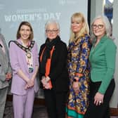 Speaker Orla McKeating pictured with Chair of Mid Ulster District Council, Councillor Córa Corry, Izette Hunter from Causeway and Mid Ulster Women’s Aid, MC Emma Louise Johnston and speaker Siobhan Kearney.