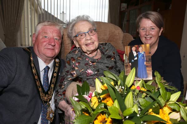 Mayor of Causeway Coast and Glens, Councillor Steven Callaghan and Mayoress Ruth Callaghan pictured with Rita Ody on her 100th birthday. Credit Causeway Coast and Glens Borough Council