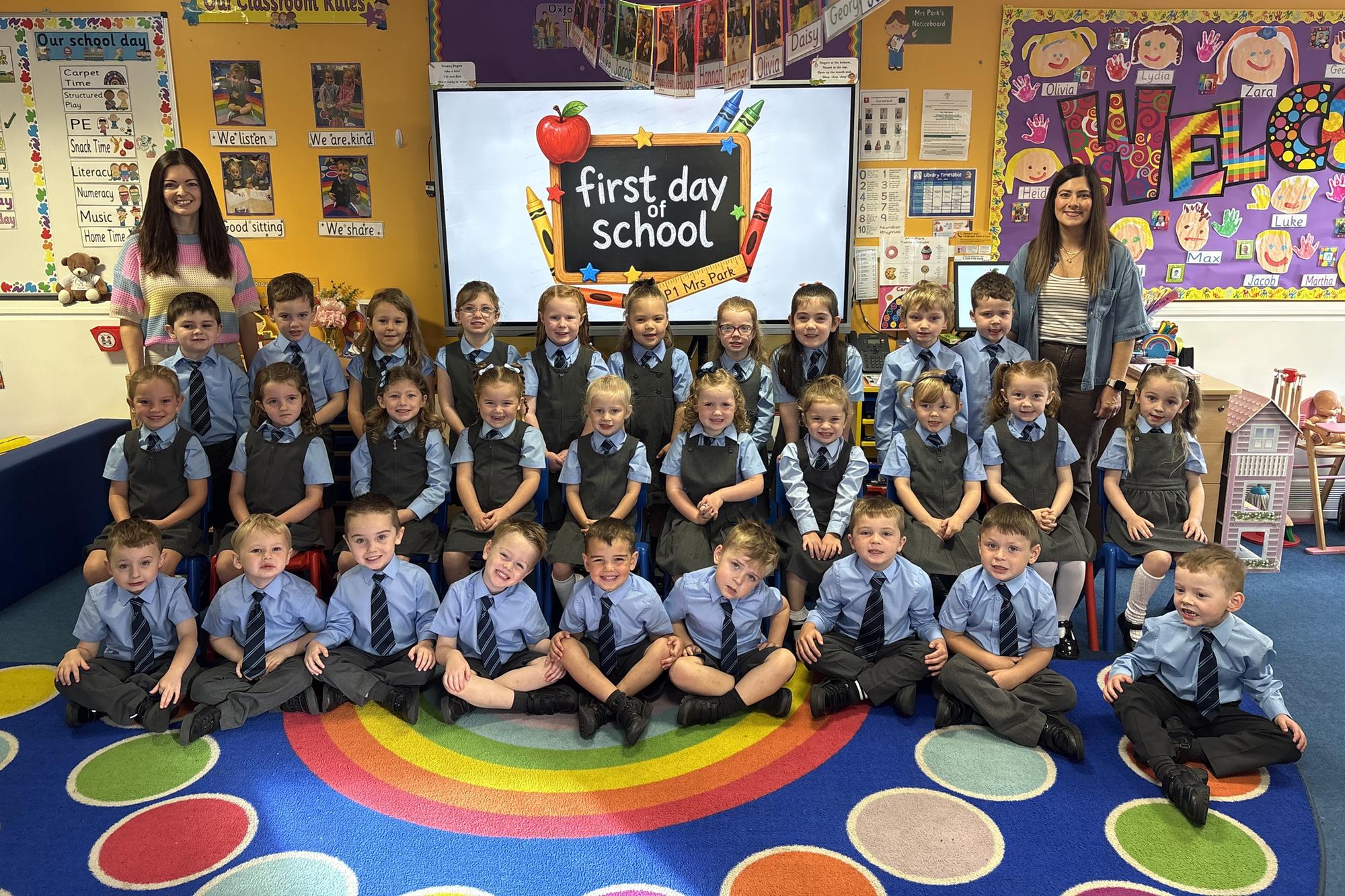 Mrs Park's P1 class at Waringstown Primary School with classroom assistant, Mrs Morrissey.
