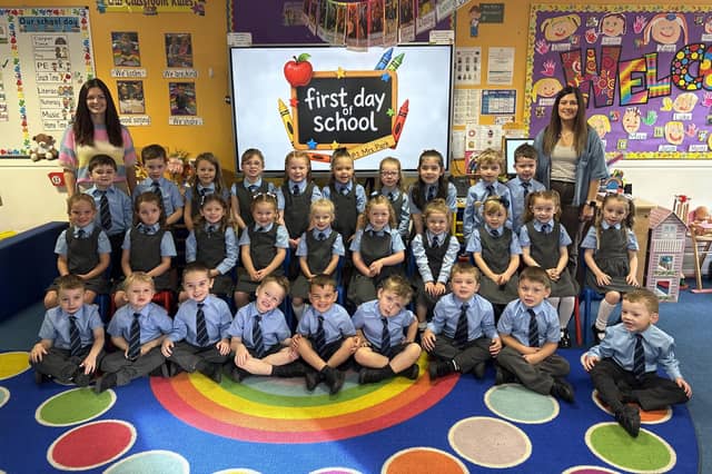 Mrs Park's P1 class at Waringstown Primary School with classroom assistant, Mrs Morrissey.