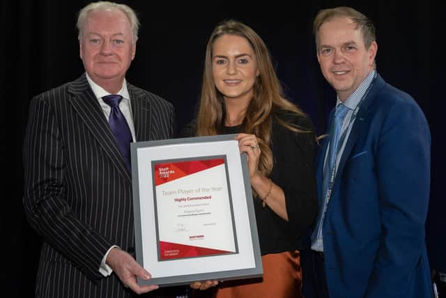 Majella Quinn, Curriculum Area Manager for Curriculum Skills, who was highly commended in the Team Player of the Year category receives her award from Philip Graham, member of the College’s governing body and Sean Laverty, Chief Operating Officer.