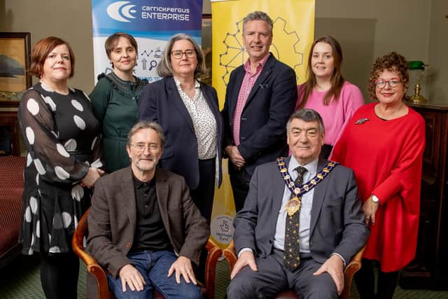 Mid and East Antrim Mayor, Alderman Noel Williams, with special guest speakers, including Alderman Gerardine Mulvenna as Council’s Age and Dementia Ambassador, and representatives from project funder, The National Lottery Heritage Fund, at Council’s ‘Made for Memories’ pilot project event organised with Carrickfergus Enterprise.
