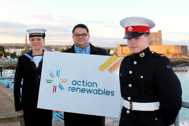 Representatives of Carrickfergus Sea Cadets with William Deane, head of projects with Action Renewables.