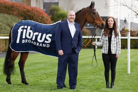 Down Royal has announced full fibre broadband provider Fibrus as headline sponsor of its new family fixture taking place on Sunday 14th April 2024. Pictured is Kathryn Holland, Commercial Manager at Down Royal with Dominic Kearns, CEO at Fibrus. Pic credit: Down Royal