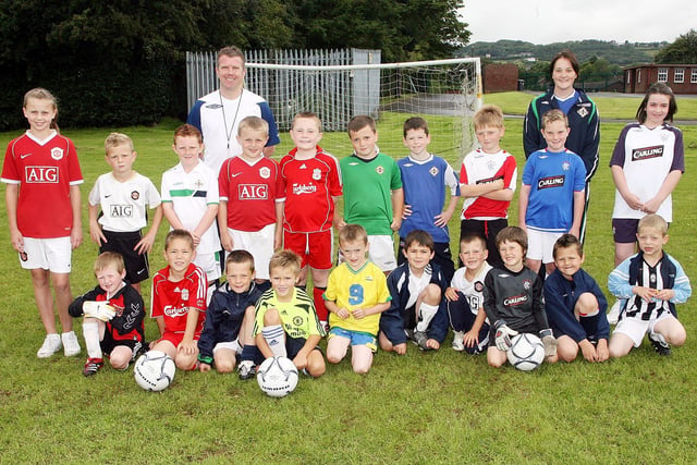 Sid Burrows pictured with the under 10 group at his soccer School at Ballymacash Primary School in 2007. Also pictured are coaches Emma Moulds, Shannon Nicholl and Sarah-Louise Wallace