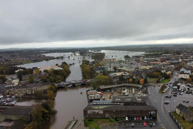 Snapshot of aerial drone footage shows parts of Portadown were submerged following significant rainfall due to Storm Ciaran.