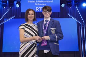 Therese Gunning, Legal Director at BT Ireland presents the 1st Senior Individual Social and Behavioural Sciences Category Award to Eoin Rossney-Hyde from Rathmore Grammar School for the project: The application of abstract mathematical theories to mitigate against racial and gender bias in AI. Eoin also won the Best Project NI Award on the evening and Rathmore GS won the Best School Northern Ireland Award. Pic credit: Chris Bellew: Fennell Photography