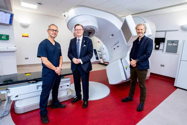 From left: Suneil Jain, Professor of Clinical Oncology; Professor Sir Ian Greer, Vice-Chancellor of Queen's University Belfast; and Joe O’Sullivan, Professor of Radiation Oncology pictured at the Northern Ireland Cancer Centre, Belfast City Hospital. Picture: QUB