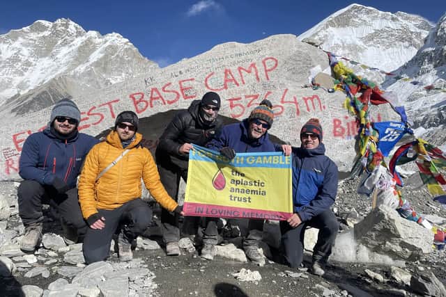 Kurtis Gamble, Bryan Gamble, Jake Baxter, Clark Gibb, and James McCreight reached Everest Base Camp following their fundraising trek in memory of Lisburn businesswoman Ruth Gamble
