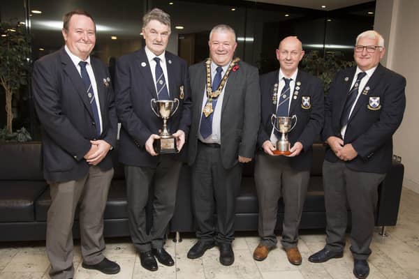 The Mayor of Causeway Coast and Glens Borough Council, Councillor Ivor Wallace, pictured with Robin Brown, Gerard Begley, Uel Gordon and David Calvin (Provincial Towns Senior and Irish Senior Fours winners).