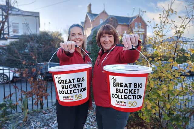 Action Cancer Supporters, Noeleen Curry and Louise Reid from Kells in Ballymena, launch “The Great Big Bucket Collection”
