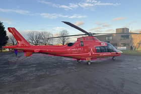 The NI Air Ambulance lands at Pollock Park, Lurgan, Co Armagh. Photo courtesy of Cllr Peter Haire.