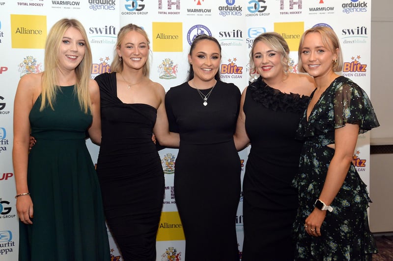 Pictured at the Lurgan Ladies Hockey Club 100th gala night in the Seagoe Hotel are from left, Hannah Campbell, Julie Morrow, Emily Parks, Sarah Denver and Jenny Morrow. LM43-200.