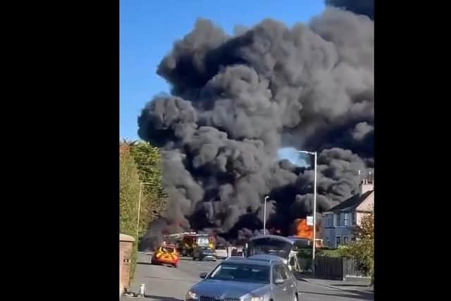 Firefighters deal with an oil tanker on fire in Lurgan, Co Armagh.