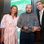 Presenter Claire McCollum, Gary Montgomery, Glens United and former Arsenal star Martin Keown at the awards ceremony. Photo by: Press Eye