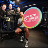 Joining the judging panel for the 2023 Health and Fitness Awards are Billy Murray and Bubba Ali, pictured with host of the ceremony, Ibe Sesay, event director Sarah Weir and judge Ian Young. Credit Kelvin Boyes
