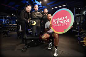 Joining the judging panel for the 2023 Health and Fitness Awards are Billy Murray and Bubba Ali, pictured with host of the ceremony, Ibe Sesay, event director Sarah Weir and judge Ian Young. Credit Kelvin Boyes