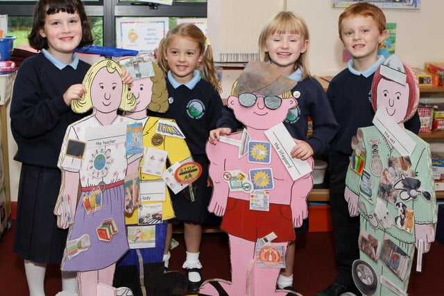 Pupils from Ballycarrickmaddy Primary School pictured in 2008 with child-sized cardboard cut-out models of 'people who help us'