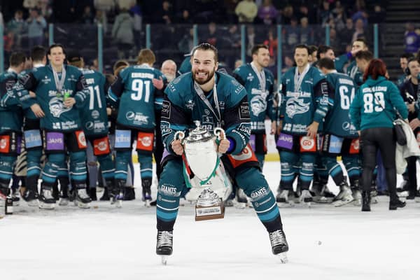 Belfast Giants’ David Gilbert celebrates after defeating the Fife Flyers to win the Challenge Cup Final at the SSE Arena, Belfast.  Photo by William Cherry/Presseye