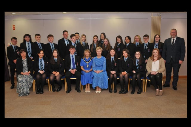 Lord Mayor of Armagh City, Banbridge and Craigavon, Alderman Margaret Tinsley; Miss Gillian Gibb, principal, Doug Beattie, MLA and Councillors Julie Falherty and Kate Evans, with the Portadown College prefects and Politics in Action Students at the reception to mark the 100th anniversary of the school.