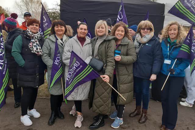 Some of the nurses who are on strike today at the picket line close to Craigavon Area Hospital. Unison, GMB and NIPSA members are taking industrial action over pay and working conditions.