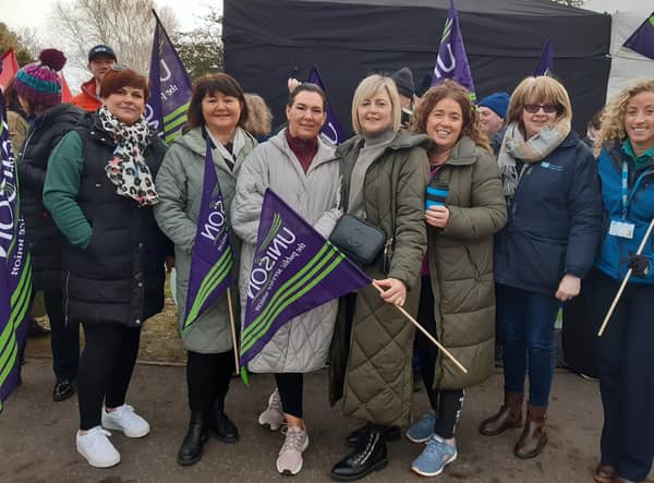 Some of the nurses who are on strike today at the picket line close to Craigavon Area Hospital. Unison, GMB and NIPSA members are taking industrial action over pay and working conditions.